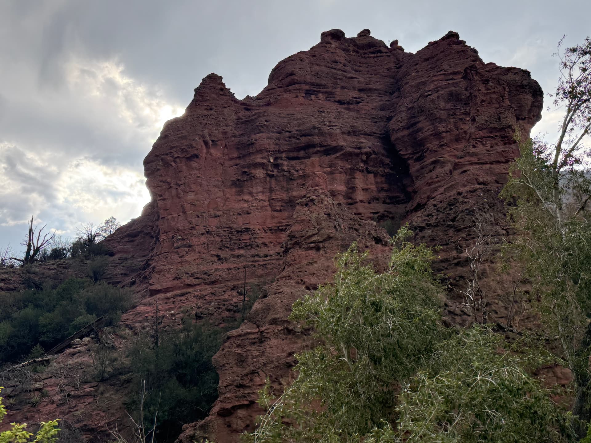 Jagged red rock spire in Sedona above green desert trees