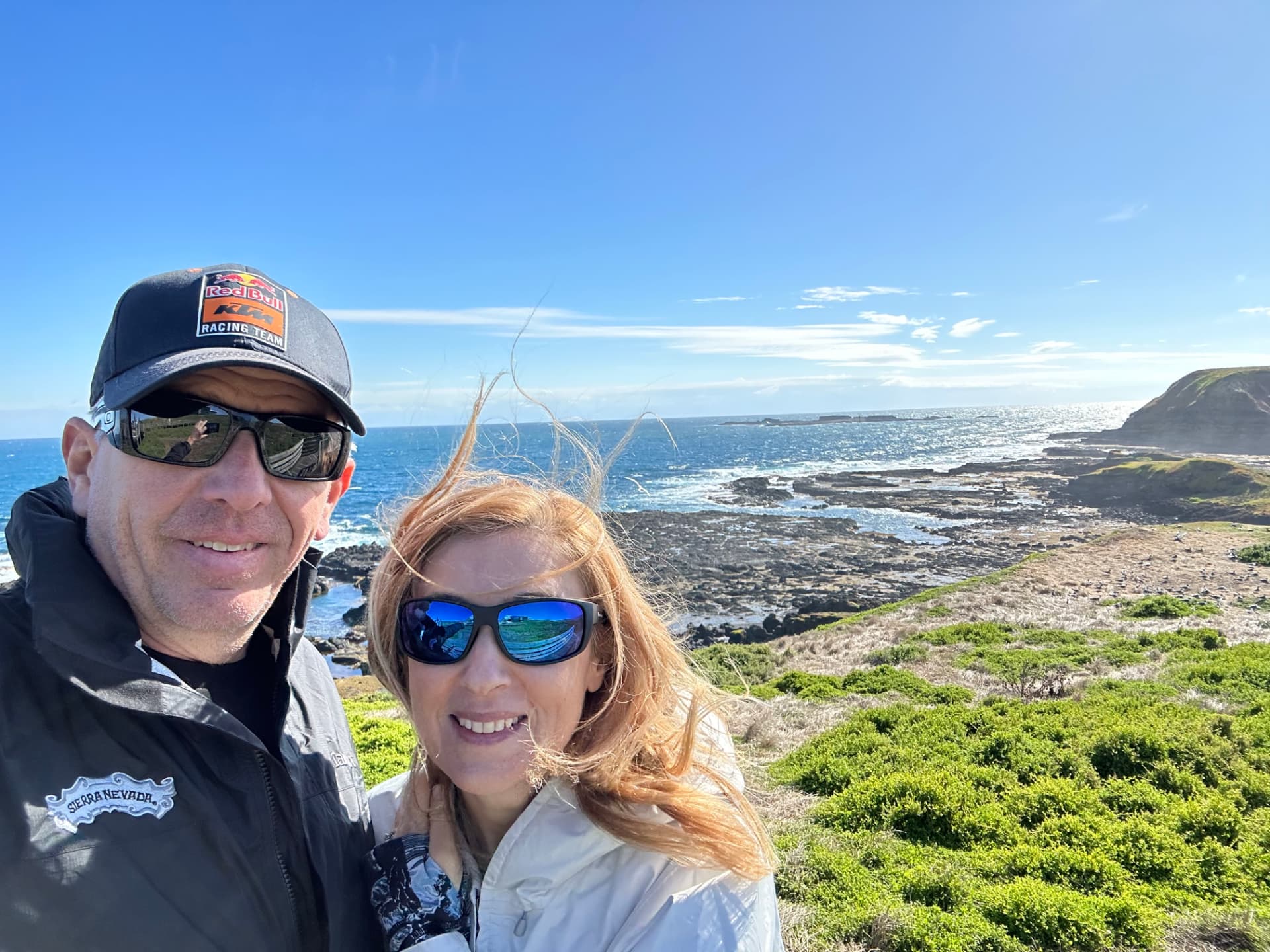 Natalia and her husband on the windswept Phillip Island coast